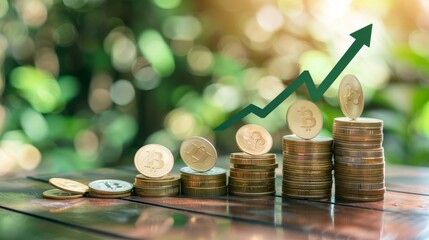 Wall Mural - Coins Stacked in an Ascending Row with an Arrow Representing Gro