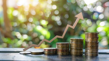 Wall Mural - Upward Trending Coins with a Green Bokeh Background