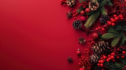 Christmas red background with pine cones, berries and decoration on the right side, flat lay, copy space concept for holiday design, banner 