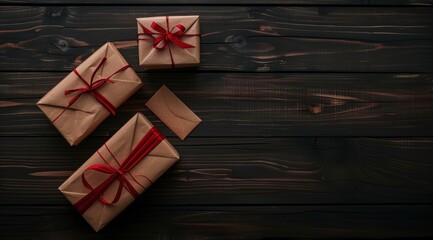 Dark wooden background with two gift boxes wrapped envelope on the side, flat lay, top view. 