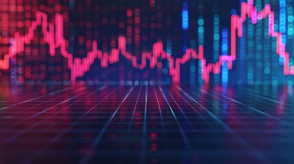 Abstract stock market chart with red and blue lines showing financial data on a futuristic digital grid background.