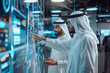 © FutureStock - Arab business men wearing traditional emirate clothing working in futuristic office
