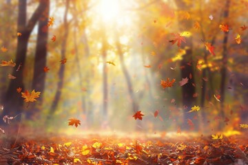 Wall Mural - Sunlit forest with vibrant autumn leaves falling to the ground, creating a warm and serene atmosphere.