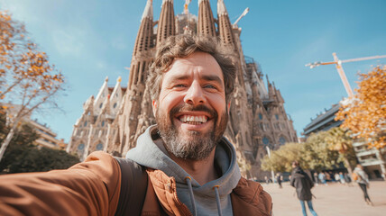 Confident tourist taking a selfie outside the street of Barcelona Spain, Tourism and vacation concept