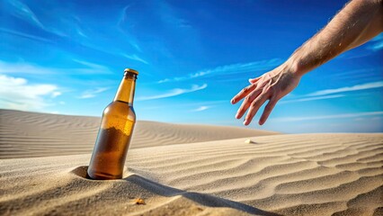 The lone hand of a thirsty man reaches for a bottle of cold beer amidst the desert drought. A glass bottle of beer in the sand.