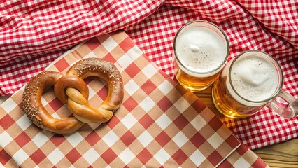 top view of a table decorated with a classic oktoberfest tablecloth with two pint mugs of foamy beer