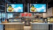 © PaulShlykov - digital menu board, interior design concept for a restaurant, featuring two digital billboards above the counter area.