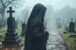 © Natalia - Minimalist image of a widow dressed in a black lace veil, standing alone in a serene, foggy cemetery,