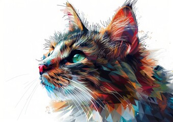 Vibrant and colorful polygonal illustration of a cats head, looking up with green eyes