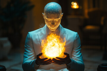 Wall Mural - Clean image of a figure in a sleek, white suit, holding an eternal flame that casts a pure, white light,