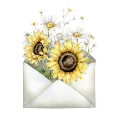 Wall Mural - Open beige vintage envelope with bouquet of daisy and sunflower flowers. Hand drawn watercolor illustrations isolated on a white background. White and yellow botanical plants. Message of envelope.