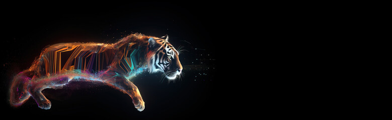 Wall Mural - Neon abstract graphic contours of a tiger in a jump, a wild animal. Dark background isolate. AI generated.