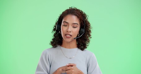 Wall Mural - Telemarketing, headset and woman in green screen, listening and communication for customer service in banner. Consultation, smile and talking to contact, space and agent for call center in studio