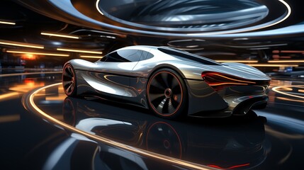 Poster - Photos of car tracks in motion, in futuristic architectural style, chrome metal, silver curves