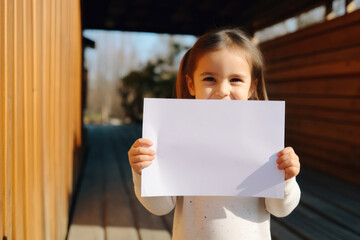 Canvas Print - A smiling girl holds a white blank sheet, representing joy, creativity and endless possibilities for creativity