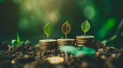 Wall Mural - Three Young Plants Growing From Stacks of Coins in Soil