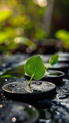 Wall Mural - A Single Green Leaf on a Black Background with Water Droplets