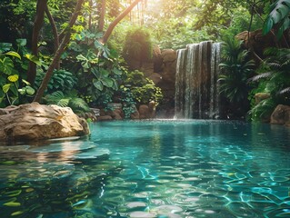 Sticker - Lush Tropical Waterfall Cascading into Tranquil Natural Rock Pool in Verdant Forest Landscape