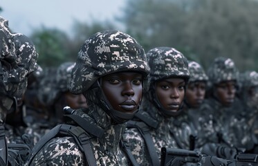 Group of African female soldiers in military uniforms with weapons in the outdoors.Generated image