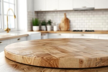 Empty beautiful round wood tabletop counter on interior in clean and bright kitchen background, Ready for display, Banner, for product montage with generative ai