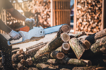 Canvas Print - Cordless Chainsaw. Close-up of woodcutter sawing chain saw in motion, sawdust fly to sides. Chainsaw in motion.  Sawdust fly around. Firewood processing.