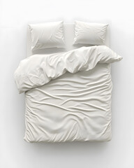 Wall Mural - Blank white bed mock up, top view isolated on white background. Empty blanket and pillows mockup in bedstead