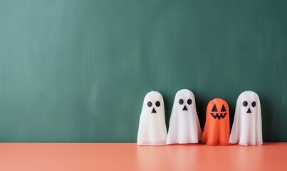 four adorable paper ghosts on orange table with green chalkboard background - perfect for halloween decorations, party invitations, and greeting cards