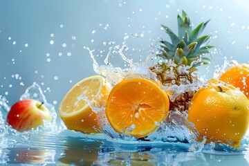 Sticker - Refreshing Splash of Fruits: Pineapple, Oranges, and Apples in Water