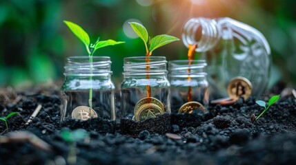 Wall Mural - Three Saplings Growing in Glass Jars with Coins and Water Being