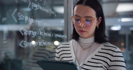 Leinwandbilder - Woman, tablet and coding for solution in office with equation on glass, programming languages and data information. Programmer, digital and software development, safety research and server update