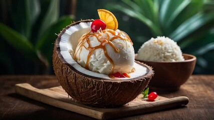 Wall Mural - Delicious coconut ice cream, traditional Vietnamese dessert gourmet