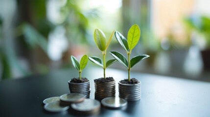 Three Small Plants Growing From Stacks of Coins