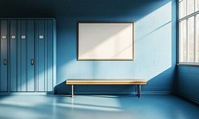 Detailed 3D rendering of a blank wall in a school locker room, ready for your designs, logos, or messages, providing a lifelike preview in a familiar school environment