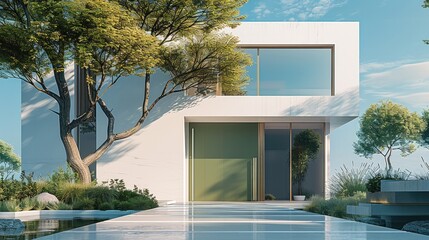 Leinwandbilder - Modern house residence architecture. front door view. with green window and door. in calm residence. bright blue sky with trees. natural light. front view. Generative AI.