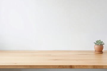 Leinwandbilder - Empty wooden desk with succulent plant on white wall background