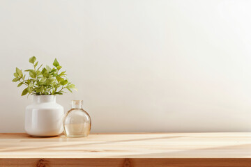 Poster - Green plant on wooden table and empty white wall background