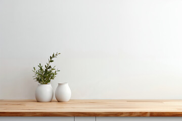 Aufkleber - Wooden countertop with plant in white vases on white wall background with copy space