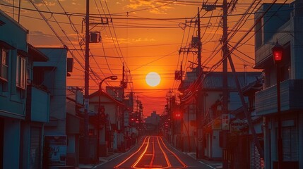 Wall Mural - A street in Japan at sunset, with an orange sky and many electric wires above the road. Generative AI.