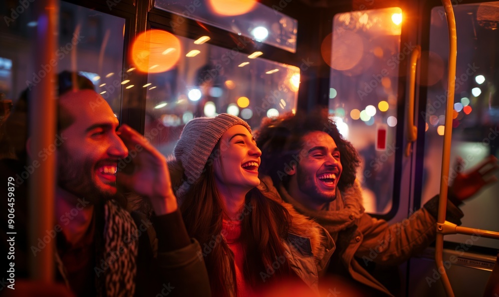 group of friends laughing and enjoying themselves on a bus with city lights at night, celebrating New Year's Eve with warm winter attire and cheerful atmosphere