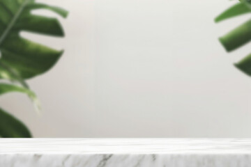 Aufkleber - Empty marble table top with blurred monstera leaves background