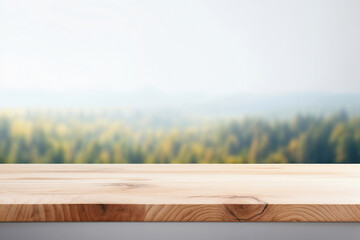 Poster - Empty wooden table top with blurred mountain forest landscape on a sunny day background