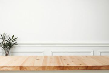 Aufkleber - Empty wooden tabletop for product display with blurred white wall paneling background