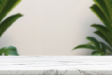 Aufkleber - Empty white marble tabletop with blurred tropical plants background for product display