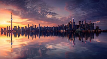 Wall Mural - A city skyline is reflected in the water, with the sun setting in the background