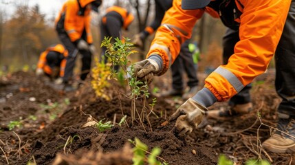 Wall Mural - A group of people are planting a tree in the dirt