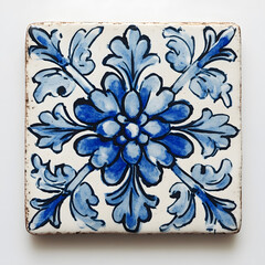 Majolica floral blue folk ceramic tile isolated on white background. Talavera style with navy blue floral ornament. Traditional Portuguese and Spain decor