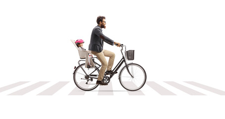 Sticker - Father riding a child in a bicycle seat at a pedestrian crossing