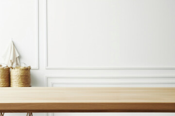 Poster - Empty wooden table top in front of blurred white wall background with wicker baskets