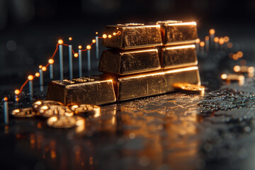 Wall Mural - stack of gold bars with an upward trend graph depicting the rise in gold prices