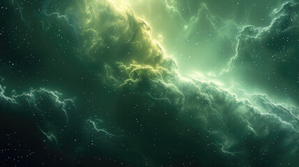 Wall Mural - Cosmic galaxy green background. Concept of space, nebula and cosmic. Generative AI.